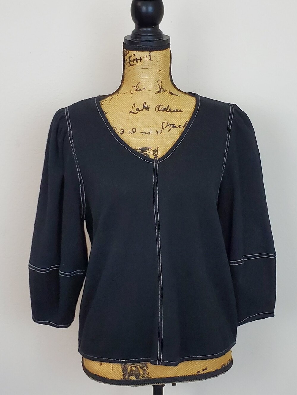 Current Air Anthropologie Contrast Top Stitch Detail Puff Sleeve Blouse Sz S